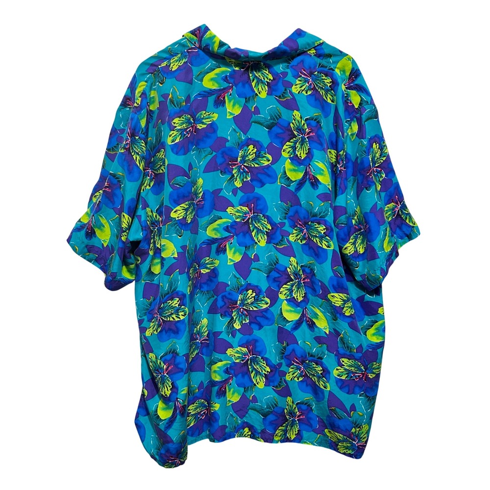 Vintage 90s Elisabeth Women Tropical Floral Button Front Top 20 Teal Silk Resort - Picture 2 of 7